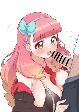 1boy :d absurdres aikatsu!_(series) aikatsu_friends! alternate_breast_size bar_censor bare_shoulders between_breasts big_breasts black_bra black_jacket black_pants blue_archive blue_bow blue_hairband blunt_bangs blush bow bow_hairband bra breast_zipper breasts censored cleavage commentary_request cosplay curly_hair dot_nose eimi_(blue_archive) eimi_(blue_archive)_(cosplay) female gradient_hair hairband hairbow handjob highres jacket large_breasts long_hair male multicolored_hair necktie necktie_between_breasts off_shoulder orange_eyes orange_hair pants penis penis_out pink_hair red_necktie shirt simple_background smile standing steam sweat tatsuya_(tatuya031200) underwear upper_body voice_actor_connection white_background white_shirt yuuki_aine