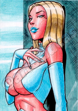 artoflucas blonde_hair blue_eyes breasts cleavage emma_frost female gigantic_breasts large_breasts marvel marvel_comics new_x-men sketch_card white_queen x-men