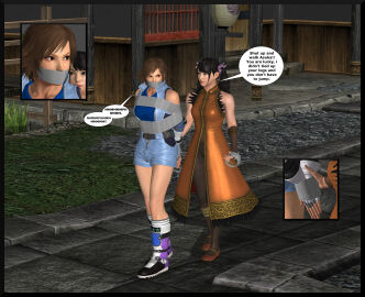 2girls 3d bondage bound_arms bound_hands clothed_bondage english_text female fully_clothed fully_clothed_female gag gagged kazama_asuka ling_xiaoyu lord_kamski multiple_females multiple_girls old_graphics speech_bubble tape_gag tekken