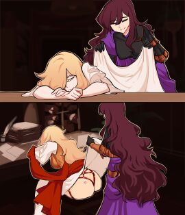 2girls almost_wholesome ancient_rome ass black_gloves blonde blonde-haired_female blonde_female blonde_hair brown_hair centurii-chan chair closed_eyes closed_mouth comic couple couple_(romantic) female female_only funny gloves greco-roman_clothes hair_covering_one_eye hair_over_one_eye harness kiss_mark kiss_mark_on_ass large_ass legate-chan_(centurii-chan) lesbian lesbian_couple lesbians lifting lifting_skirt lipstick lipstick_mark lipstick_mark_on_ass lipstick_on_ass long_hair misleading multiple_females multiple_girls praetorian-chan_(centurii-chan) purple_lipstick purple_lipstick_mark robe roman_clothing short_sleeves sitting sleeping smile unexpected_ending yuri