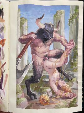 2boys 2d anal anal_sex anthro asterion asterion_(greek_mythology) barefoot big_penis color domination erect_penis erection european_mythology feet femboy gay gay_anal gay_domination gay_sex greek_mythology huge_cock interspecies large_penis male male/male male_only minotaur monster_on_femboy muscular muscular_male mythology nightmare_husbando nipple_piercing nipples octoerotic original outdoor_sex outdoors outside penis piercing public_domain ruins submissive theseus theseus_(greek_mythology) upside-down yaoi