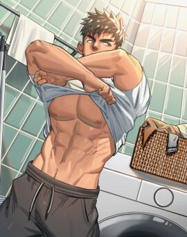 1boy bara bare_pectorals gay gay_male large_pectorals male male_focus male_only muscular muscular_male original original_character pectorals short_hair thick_eyebrows yaoi youchi123
