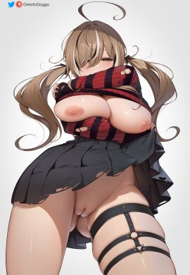 1girls 2d ahoge areolae ass ass_visible_through_thighs belly belly_button big_breasts breasts brown_hair cleavage digital_drawing_(artwork) facing_viewer female female_focus female_only front_view greatodoggo hair hair_ornament half-closed_eyes hips hololive hololive_english hololive_english_-council- hololive_english_-promise- huge_breasts labia legs legs_apart light-skinned_female light_skin long_hair looking_at_viewer nanashi_mumei nanashi_mumei_(emo) navel nipples nude nude_female partially_clothed pink_nipples pussy shaved_pussy shirt skirt standing thick_thighs thighs twintails uncensored vagina virtual_youtuber wide_hips