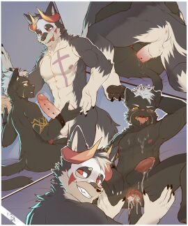 abs anal anal_sex anthro anus ass ass_grab black_body blush bodily_fluids butt_grab canid canine canis cum cum_dripping_from_penis cum_from_ass cum_in_ass cum_inside cum_on_chest demon devilish_grin drooling duo felid from_front_position gaping gaping_anus genital_fluids genitals hair half-closed_eyes hand_behind_head hand_on_ass hand_on_butt hand_on_leg hand_on_thigh horn humanoid_genitalia humanoid_penis hybrid legs_around_partner legs_up looking_at_viewer looking_pleasured lying male male/male mammal mask multicolored_body muscular narrowed_eyes nude on_back one_eye_closed pantherine pecs penetration penile penile_penetration penis penis_in_ass red_eyes saliva sitting spread_anus spread_legs spreading standing tongue tongue_out two-tone_body white_body white_hair wolf wuyabottom