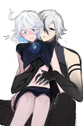 2girls arlecchino_(genshin_impact) blush breast_grab breasts female female_only femdom furina_(genshin_impact) genshin_impact groping groping_from_behind shirt_lift shorter_female sitting sitting_on_lap sitting_on_person smile taller_female white_hair yuri