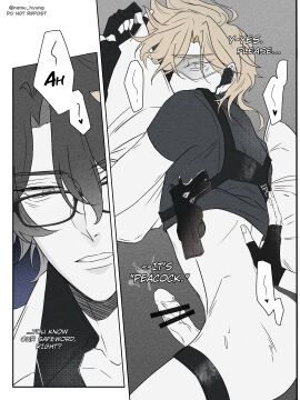 2boys absurdres aventurine_(honkai:_star_rail) bar_censor black_gloves black_shirt blonde_hair bottomless censored chest dialogue dr._ratio_(honkai:_star_rail) earpiece english_text fingerless_gloves gay glasses gloves gun hair_between_eyes harness highres honkai:_star_rail honkai_(series) male male/male male_focus male_only namu_hyung official_alternate_costume penis police precum shirt short_hair speech_bubble t-shirt thigh_strap yaoi