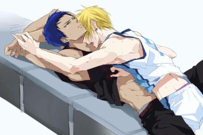 2boys aomine_daiki basketball_uniform blonde_hair daiki_aomine gay kise_ryouta kuroko's_basketball kuroko_no_basuke male male_only navy_blue_hair ryota_kise tan_skin yaoi