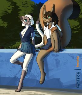 accident accidental_exposure anthro blue_eyes bottomwear breasts brown_body brown_fur brown_hair cleavage clothed clothing domestic_cat duo felid feline felis female feretta fur genitals green_eyes hair hi_res linda_buskhale mammal miniskirt open_clothing open_topwear pantiless pussy rodent sciurid siamese skirt sonia_sorenson squirrel topwear tree_squirrel upskirt white_body white_fur white_hair