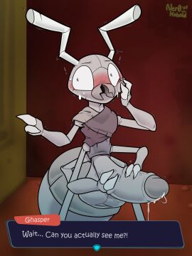 2024 2_fingers ant antennae_(anatomy) anthro arthropod arthropod_abdomen balls big_balls big_penis blush blush_lines bodily_fluids bottomwear circumcised claws clothed clothed_masturbation clothing colored dialogue dialogue_box digital_drawing_(artwork) digital_media_(artwork) english_text erection eyebrows fingers genetalia genital_fluids genitals gesture ghasper_(tinykin) ghost glans grey_body grey_clothing grey_shirt grey_topwear grey_tunic hand_gesture hand_on_face hand_on_own_face hi_res huge_cock humanoid_genitalia humanoid_penis hymenopteran insects inside looking_away male mandibles masturbation motion_lines multi_arm multi_limb multicolored_body ner0_kobold open_mouth penile penile_masturbation penis pointing precum pupils ragged_clothing scar segmented_arms segmented_body shaded shaking shirt signature simple_background solo spirit surprised surprised_expression surprised_eyes sweat sweatdrop text text_box tinykin topwear tunic two-tone_body watermark