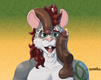 absurd_res anthro bodily_fluids brown_penis bukkake bust_portrait cowardlion cum cum_in_mouth cum_inside cum_on_face dark_body dark_skin fur genital_fluids genitals green_markings grey_body grey_fur hair hi_res humanoid_genitalia humanoid_penis ignacio_(cowardlion) looking_at_viewer male male/male mammal markings mohawk murid murine penis penis_on_head pink_ears portrait rat red_hair rodent
