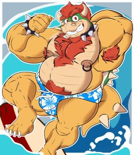 1boy anthro arm_behind_head armpit armpit_hair bara body_hair bowser chest_hair clothing collar daddy dilf furry furry_male furry_only gay grin hair hairy_body horns hyper incrediblecrocodile koopa looking_at_viewer male male_only mario_(series) muscular muscular_anthro muscular_male nintendo nipple_piercing nipples pecs reptile scalie shell shorts solo spikes surfing tail water yaoi yellow_skin