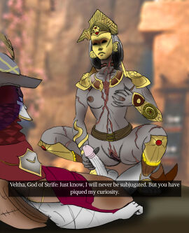 1girls above age_difference armor before_sex boss breasts broken_choker choker dark-yoka18 dialogues enotria enotria_the_last_song erection evil_woman female femdom foe_vanquished fucked golden grey_skin handjob hat injured mask_of_change masked masked_woman nipples old_and_young peek pussy ruins scars sex straight strong_female thrust topless vagina_peek veltha video_game video_games warrior white_skin