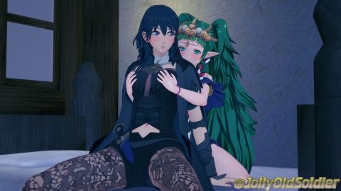 2girls 3d bed blue_eyes blush braid breast_grab breasts byleth_(fire_emblem) byleth_(fire_emblem)_(female) double_breast_grab dress embarrassed female female_only fire_emblem fire_emblem:_three_houses green_eyes green_hair groping hiding indoors jollyoldsoldier knife leggings long_hair looking_at_viewer looking_back medium_breasts medium_hair multiple_females multiple_girls nervous night nintendo on_bed pantyhose pointy_ears shorts sothis_(fire_emblem) spread_legs teal_hair twin_braids twintails very_long_hair window yuri