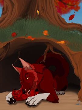 ambiguous_gender animal_genitalia black_markings black_pawpads bloodpelt blue_sky cub duo feral feral_on_feral fremder fur genitals grass hi_res licking male male/ambiguous male_cub male_focus markings narrowed_eyes oral outside pawpads pink_tongue plant red_body red_eyes red_fur sex sheath sheath_lick sky tongue tongue_out tree unbreakable-warrior white_markings yellow_sclera young young_feral