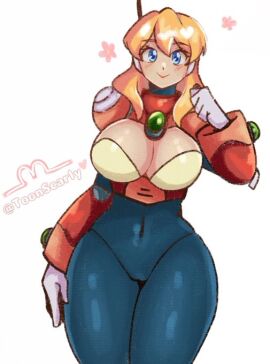1girls alia big_breasts blonde_hair blue_eyes breasts female hand_on_leg mega_man mega_man_x one_hand_up robot_girl toonscarly white_gloves