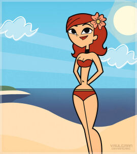 1girls accurate_art_style arms_behind_back artist_name beach bikini female female_only red_bikini red_hair swimsuit total_drama_island vaultman zoey_(tdi)