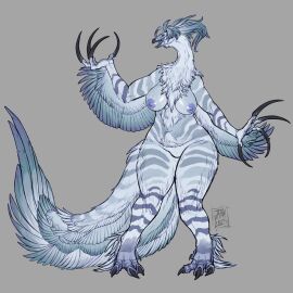 anthro big_breasts breasts claws cryptid_jhin curvy_figure dinosaur feathered_dinosaur feathered_scalie feathers female hi_res nipples prehistoric prehistoric_species reptile scalie solo therizinosaurid therizinosaurus theropod thick_thighs white_body white_feathers wide_hips