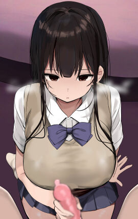 1boy absurdres black_eyes black_hair blue_bow blue_bowtie blue_skirt bow bowtie breasts clothed collared_shirt condom condom_on_penis female gomu_o_tsukete_to_iimashita_yo_ne… highres indoors large_breasts long_hair looking_at_penis male open_mouth original penis penis_grab pleated_skirt rouka_(akatyann) shirt short_sleeves sitting skirt solo_focus sweater_vest tanezawa_nanami_(rouka) vest wariza white_shirt yellow_vest