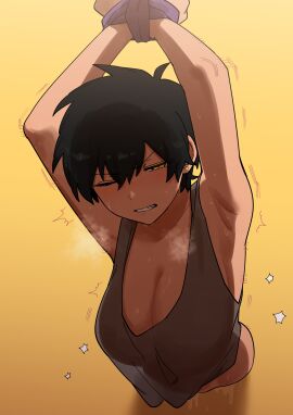 1girls angry arms_above_head arms_up aroused big_breasts bondage bound_wrists breasts captured clenched_teeth crop_top dark-skinned_female dark_skin embarrassed endured_face female fit fit_female human implied_rape implied_sex kurobe_natsumi large_breasts mature_female questionable_consent restrained restraints senpai_ga_uzai_kouhai_no_hanashi shiromanta slim_waist steam steamy_breath struggling stuck stuck_in_wall tomboy trembling weak_resistance wide_hips