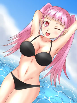 1girls ;d alternate_costume armpits arms_behind_head bangs bare_midriff bare_thighs bikini black_bikini black_swimsuit breasts clothing female female_only fire_emblem fire_emblem:_three_houses hilda_valentine_goneril large_breasts long_hair looking_at_viewer midriff nintendo ocean okunini48911 one_eye_closed open_mouth outdoors pink_eyes pink_hair smile solo swimsuit thighs water wink