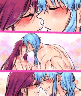 1boy 1girls 2d blue-haired_male blue_hair breasts female kissing male mui_(undead_unluck) naked nude purple-haired_female purple_hair rusky shen_(undead_unluck) tagme undead_unluck wholesome
