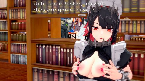 black_hair breasts ellen_joe english_text female female_only flashing flashing_breasts koikatsu library library_background maid maid_headdress maid_uniform medium_breasts nipples painted_nails sepac_(artist) shark_girl shark_tail shark_teeth short_hair stockings sweat sweating sweaty tail teasing text touching_breast touching_nipples victoria_housekeeping zenless_zone_zero