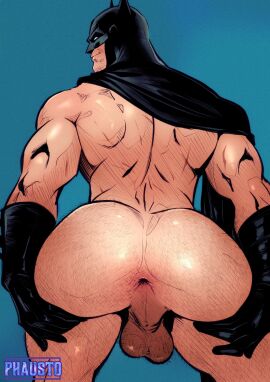 1boy absurdres anus artist_name ass ass_focus ass_grab back back_muscles back_view balls bara batman batman_(bruce_wayne) batman_(series) big_ass big_butt black_cape black_gloves blue_background bruce_wayne cape cape_aside cape_only close-up covered_eyes dc dc_comics dilf gloves grabbing_ass grabbing_own_ass hairy hairy_ass hairy_balls hairy_male hairy_thighs hands_on_ass hands_on_own_ass highres hole_(anatomy) human human_only inviting inviting_to_anal inviting_to_sex light-skinned_male light_skin looking_at_viewer looking_back male male_focus male_only masculine_male mask masked masked_male mature mature_male muscles muscular muscular_back muscular_male naked nude nude_male phausto presenting presenting_anus presenting_ass presenting_butt signature simple_background smirk smirking smirking_at_viewer solo solo_focus solo_male spread_ass spread_legs spreading_anus spreading_ass spreading_cheeks testicles thick thick_arms thick_ass thick_thighs thighs yaoi