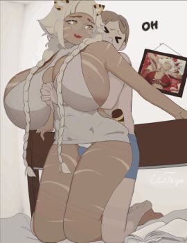 1boy 1girls 2d 7:9 >_< animated bigger_female blue_male_underwear bouncing_breasts boxers braid breasts brown_eyes brown_hair bulge cleavage_cutout clothing_cutout dark-skinned_female dark_skin english_commentary erection erection_under_clothes erotaiga female grinding huge_breasts kneeling larger_female long_hair looking_at_another looking_back male male_underwear meme_attire o3o oerba_yun_fang older_female on_bed open_mouth original panties picture_frame round_eyewear short_hair size_difference smaller_male smile straight taiga_(erotaiga) taiga_(teemu_taiga) taller_female teemu_taiga thigh_sex topless_male twin_braids underwear vertical_video virgin_killer_sweater younger_male