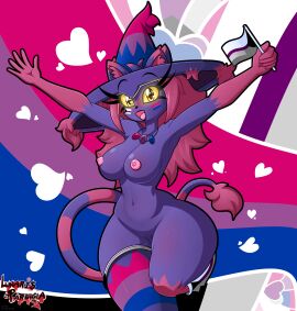 2025 absurd_res anthro areola bangs bent_leg bisexual_pride_colors black_lipstick blush bodily_fluids breasts cleft_of_venus clothing collarbone demisexual_pride_colors digital_media_(artwork) ears_through_headwear eyelashes felid female flag flag_(object) footwear generation_4_pokemon genital_fluids genitals glowing glowing_eyes hair happy hat headgear headwear hi_res holding_flag holding_object holding_pride_flag innie_vulva jewelry legwear lgbt_pride lgbt_pride_month lipstick long_hair looking_at_viewer lunaris_parukia maggie_(lunaris_parukia) magic_user makeup mammal markings mismagius navel necklace nintendo nipples nude open_mouth open_smile orange_eyes pattern_clothing pattern_footwear pattern_legwear pattern_socks pattern_stockings pattern_thigh_highs pink_areola pink_hair pink_nipples pink_tongue pokemon pokemon_(species) pokemorph pride_color_background pride_color_clothing pride_color_face_paint pride_color_jewelry pride_color_legwear pride_color_necklace pride_color_stockings pride_color_thigh_highs pride_color_thigh_socks pride_colors pride_month_2025 purple_body raised_arms simple_background smile smiling_at_viewer socks solo spread_arms stockings striped_clothing striped_footwear striped_legwear striped_markings striped_socks striped_stockings striped_tail striped_thigh_highs stripes tail tail_markings tail_tuft thick_thighs thigh_highs tongue tuft vaginal_fluids vulva witch witch_hat yellow_sclera