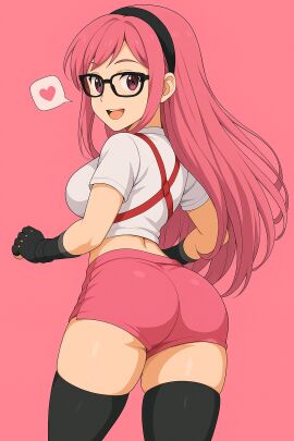 ai_generated big_breasts blush breasts fat_ass glasses happy heart long_hair looking_at_viewer nice_ass not_porn oc original_character pink_background pink_eyes pink_hair pink_shorts pinku_(oc) shorts smile smiling_at_viewer thick_ass thick_thighs thighhighs tight_clothing tight_fit watching white_shirt