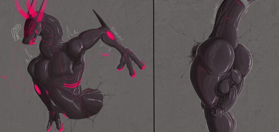 0grapheneheart0 absurd_res anthro ass balls big_balls big_penis confusion foreskin free_use genitals glowing hi_res latex male okoro_(0grapheneheart0) penis raised_tail saggy_balls solo struggling synth_(vader-san) tail thick_thighs through_wall vein veiny_penis