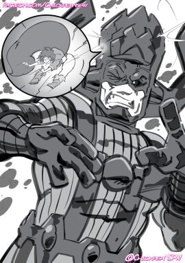 1boy 1girls 2d 2d_artwork ass breasts butt_attack chickpea doreen_green female galactus giant greyscale hair hip_attack macro macro_male male marvel marvel_comics micro micro_female micro_on_macro monochrome pain sfw smaller_female squirrel squirrel_girl_(marvel) squirrel_tail tiny violence zoom_in