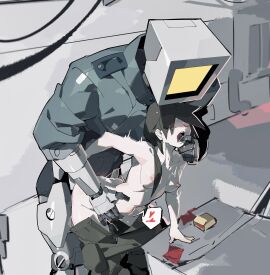 1boy 1girls black_hair blue_jacket blush breasts cargo_pants clothes_pull condom condom_wrapper cracker68659106 cum ejaculation english_commentary female finger_in_another's_mouth from_above from_side hand_on_another's_waist highres humanoid_robot indoors jacket leaning_forward long_hair male medium_breasts nipples non-human open_mouth original pants pants_pull pipebomb_(cracker68659106) pussy robot robot_humanoid screen screen_face screen_head sex sex_from_behind standing standing_sex straight vaginal_penetration