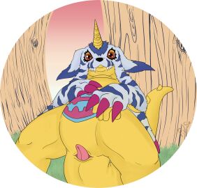 animal_genitalia animal_skin anthro bandai_namco claws cloaca cloacal_penis digimon digimon_(species) gabumon genitals hi_res horn looking_at_viewer male markings p.v.su penis presenting red_eyes scalie seminal_groove solo sulcus sulcus_spermaticus yellow_body