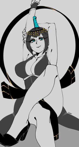 1girls 2017 2d 2d_(artwork) armpits arms_up artist_name big_breasts black_hair blue_eyes bob_cut breasts circlet cleavage clothing crossed_legs dress egyptian eliza_(skullgirls) female female_only grey_background greyscale high_heels highres large_breasts looking_at_viewer looking_down mature mature_female milf monochrome no_sex questionable sabi short_hair skullgirls smile smiling_at_viewer solo solo_female video_game_character