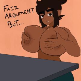 1girls animated big_breasts blush breasts breasts_bigger_than_head dand_u dark-skinned_female dark_skin erect_nipples fair_argument_but… female female_only huge_breasts large_breasts meme mene_(dand_u) nipples solo solo_female text topless