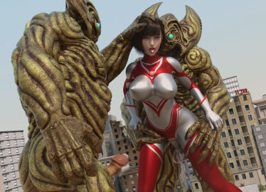 1girls 2boys 3d alien alien_girl alien_humanoid breasts building building_destruction building_sex city female female_penetrated heroine human losing losing_fight male tight_clothing ultraman_(franchise) ultrawoman ultrawoman_katia