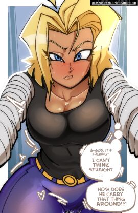 1boy 1girls android_18 bald big_breasts big_pecs big_penis blonde_hair blush breasts bulge bulge_through_clothing child_bearing_hips cock_outline comic comic_panel crimsoncoax defined_pecs dragon_ball female fit fit_female fit_male glistening glistening_body glistening_skin hips horny hourglass_figure huge_breasts huge_cock huge_thighs krillin kuririn light-skinned_female light-skinned_male light_skin long_cock looking_at_partner lust lustful_gaze male muscular muscular_female muscular_male nervous oily_skin on_bed on_top pecs penis pov pov_eye_contact shiny_skin straight sweat_drops sweaty tagme thick_cock thick_thighs thighs toned toned_male veiny_cock wet_skin wide_hips