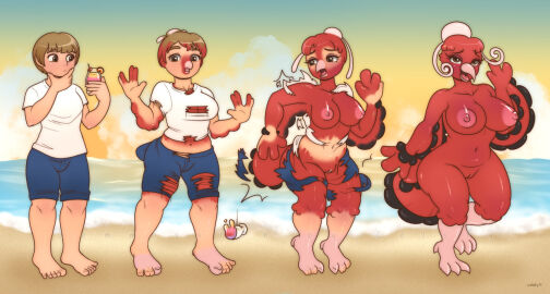 anthro baile_oricorio beach beak beak_growth big_breasts blonde_hair breast_expansion breast_growth breast_growth_(enlargement) breasts celsty clothed clothing colored confusion expansion feathers female gender_transformation generation_7_pokemon growth hair hair_shrinking happy human male mammal mtf_transformation nintendo nude oricorio pokemon pokemon_(species) pokemon_transformation red_body red_feathers sequence solo species_transformation surprised_expression thick_thighs thigh_expansion torn_clothing transformation winged_arms wings