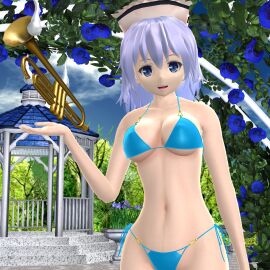 1girls 2024 3d bikini blue_bikini blue_flower female forest ghost_girl hati_yukkuri_mmd light-skinned_female light_blue_eyes light_blue_hair light_skin looking_at_viewer merlin_prismriver midriff mmd musical_instrument outside perfect_cherry_blossom poltergeist solo_female solo_focus swimsuit touhou trumpet white_hat