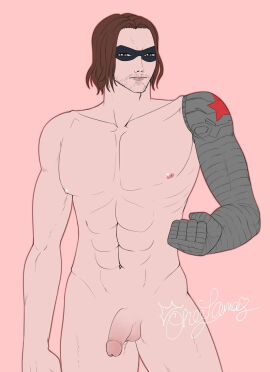 artist_signature brown_eyes brown_hair bucky_barnes captain_america_(series) eye_mask looking_at_viewer male marvel marvel_comics metal_arm nude nude_male red_background red_star short_hair winter_soldier xxxone_samaxxx