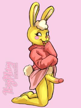 2024 3_toes anthro balls barefoot bashful biped black_eyebrows blush blush_stickers bottomwear buckteeth circumcised clothed clothed_anthro clothed_male clothing clothing_lift cotton_tail covering covering_mouth crossdressing cuddles_(htf) erection eyebrows eyelashes feet femboy fingers fur genitals glans grey_eyes happy_tree_friends head_tuft heart_nose heart_symbol humanoid_genitalia humanoid_penis itsymitsy kneeling lagomorph leporid long_sleeves looking_aside male male_anthro male_only mammal multicolored_body multicolored_fur multicolored_penis no_underwear open_mouth pawpads penis pink_background pink_bottomwear pink_clothing pink_glans pink_nose pink_skirt pink_sweater pink_text pink_tongue pink_topwear plantigrade rabbit short_tail side_view signature simple_background skirt skirt_lift soles solo sweater tail teeth text toes tongue topwear tuft two-tone_body two-tone_fur two-tone_penis urethra url watermark white_body white_fur white_inner_ear white_pawpads white_tail white_tuft yellow_balls yellow_body yellow_ears yellow_fur yellow_penis