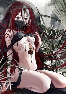 bags_under_eyes breasts circlet face_veil female female_only hair_between_eyes harem_outfit jewelry loincloth long_hair looking_at_viewer made_in_abyss medium_breasts mouth_veil nervous_smile pelvic_curtain red_eyes red_hair revealing_clothes sealily sitting slave slave_outfit solo two-tone_hair underboob veil very_long_hair vueko white_streak