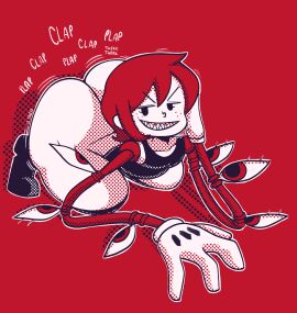 1girls aged_up ass ass_clapping bed big_ass bubble_ass bubble_butt clap clapping clapping_ass clapping_buttocks clapping_cheeks cybernetic_arm cybernetic_limb cybernetics cyborg fat_ass female female_protagonist flat_chest flat_chested la_sandia looking_at_viewer nude nude_female peacock_(skullgirls) rubber_gloves simple_coloring simple_shading skullgirls smile smug tagme thighhighs twerk twerking video_games