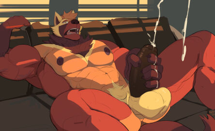 2025 abs amber_eyes anthro arm_support balls biceps black_penis bodily_fluids brown_body brown_fur claws cum cum_drip cum_on_self cumshot dripping ejaculation erection fangs finger_claws foreskin fur furniture genital_fluids genitals gulonine holding_penis humanoid_genitalia humanoid_penis inside looking_pleasured male mammal masturbation muscular muscular_anthro muscular_male mustelid musteline naschethelion nipples nude open_mouth pecs penis pubes quads reclining reclining_on_sofa sharp_teeth sitting sofa solo teeth tongue triceps uncircumcised wolverine
