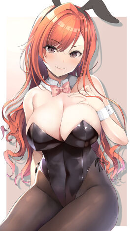 1girls absurd_res absurdres adult arisugawa_natsuha arm_behind_back arm_support bare_arms bare_chest bare_hands bare_shoulders bare_skin belly belly_button black_bunny_ears black_bunnygirl_costume black_bunnysuit black_hairband black_legwear black_pantyhose blush blushing_female bowtie breasts brown-eyed_female brown_eyes bunny_ears bunny_girl cleavage collar collarbone dot_nose elbows eyebrows_visible_through_hair female female_only fingernails fingers groin hairband half_naked hand_behind_back hand_on_breast hand_on_chest hand_on_own_breast hand_on_own_chest head_tilt high_resolution highres hourglass_figure idolmaster idolmaster_shiny_colors inuzumi_masaki large_breasts legs legs_together legwear light-skinned_female light_skin lips long_hair looking_at_viewer navel orange-haired_female orange_eyebrows orange_hair pantyhose pink_bowtie playboy_bunny pussy shoulders simple_background sitting slender_body slender_waist slim_female slim_waist smile smiling smiling_at_viewer solo thick_thighs thighs thin_waist tilted_head upper_body v-line wavy_hair white_collar white_wrist_cuffs wide_hips wrist_cuffs