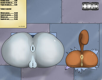2girls anthro anus ass ass_focus big_ass brown_fur cetacean english_text fat_ass female female_only huge_ass indoors large_ass larger_female lead_(artist) mammal marine multiple_females multiple_girls nickelodeon nude nude_female pearl_krabs pussy rodent sandy_cheeks size_difference smaller_female spongebob_squarepants squirrel tail text through_wall tree_squirrel whale