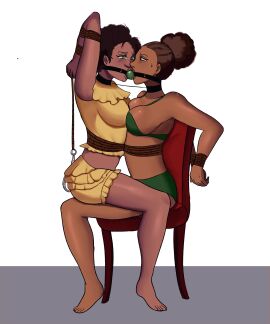 2d 2girls afro_puff arms_behind_back ball_gag barefoot black_hair bloomers bondage bound bound_together breasts brown_eyes chair_bondage cleavage crossover ebony female female_only femsub gag grand_theft_auto grand_theft_auto:_san_andreas green_ball_gag green_bra green_eyes green_panties kendl_johnson looking_at_another multiple_females multiple_girls red_dead_redemption_(series) red_dead_redemption_2 rope rope_bondage scared_expression scared_face sitting sitting_on_lap sitting_on_person tied_to_chair tilly_jackson