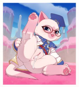 a_cat_is_fine_too absurd_res animal animal_genitalia animal_thick_thighs anthro anus biped blep blue_eyes bodily_fluids bottomless capcom clothed clothing cum cum_in_pussy cum_inside detailed_background domestic_cat emily_(monster_hunter_puzzles) eyewear felid feline felis felyne female fur genital_fluids genitals glasses hi_res higher_resolution_available kekitopu leaking_cum looking_at_viewer mammal monster_hunter_(series) palico pawpads pussy raised_leg solo tail tongue tongue_out zoophilia