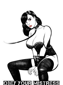 bdsm_outfit bdsm_suit black_and_white black_leather blue-eyed_female blue_eyes bondage collar dominant_female domination dominatrix domme female leather leather_clothing lipstick obey obey_your_mistress_series raulovsky shoulder_strap slave slave_girl submissive thighhighs tied_up tied_wrists wrist_cuffs wrists_tied